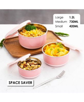 Stainless Steel Food Containers, Set of 3, 420ML, 730ML,1.2L, Pink
