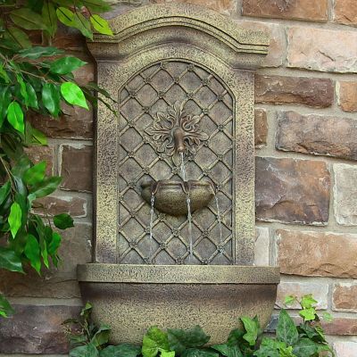Rosette 31-Inch Polystone Outdoor Solar Wall Fountain - Florentine Stone Finish