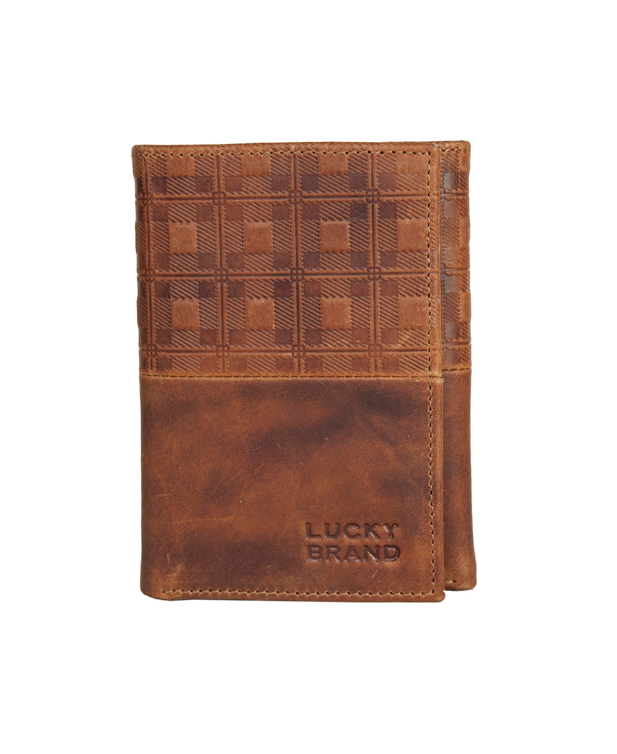 Men's Plaid Embossed Leather Trifold Wallet - Brown