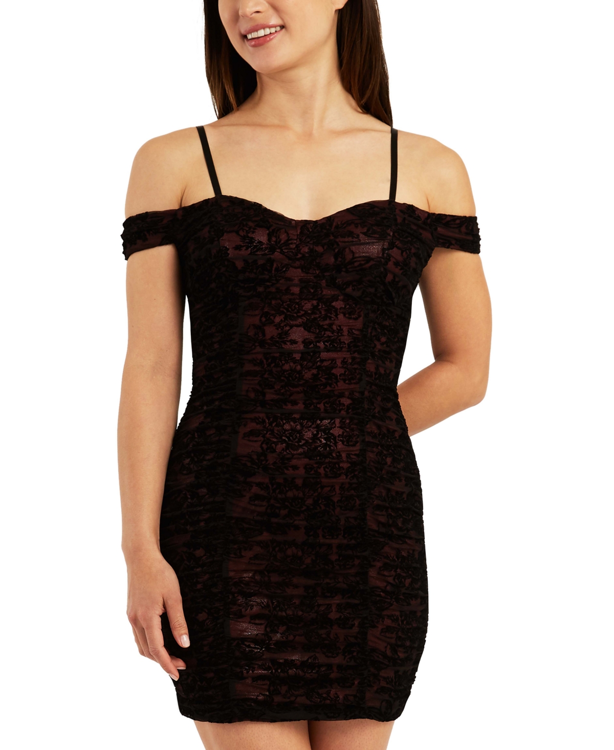 Shop Bcx Juniors' Flocked Ruched Bodycon Mini Dress In Wine