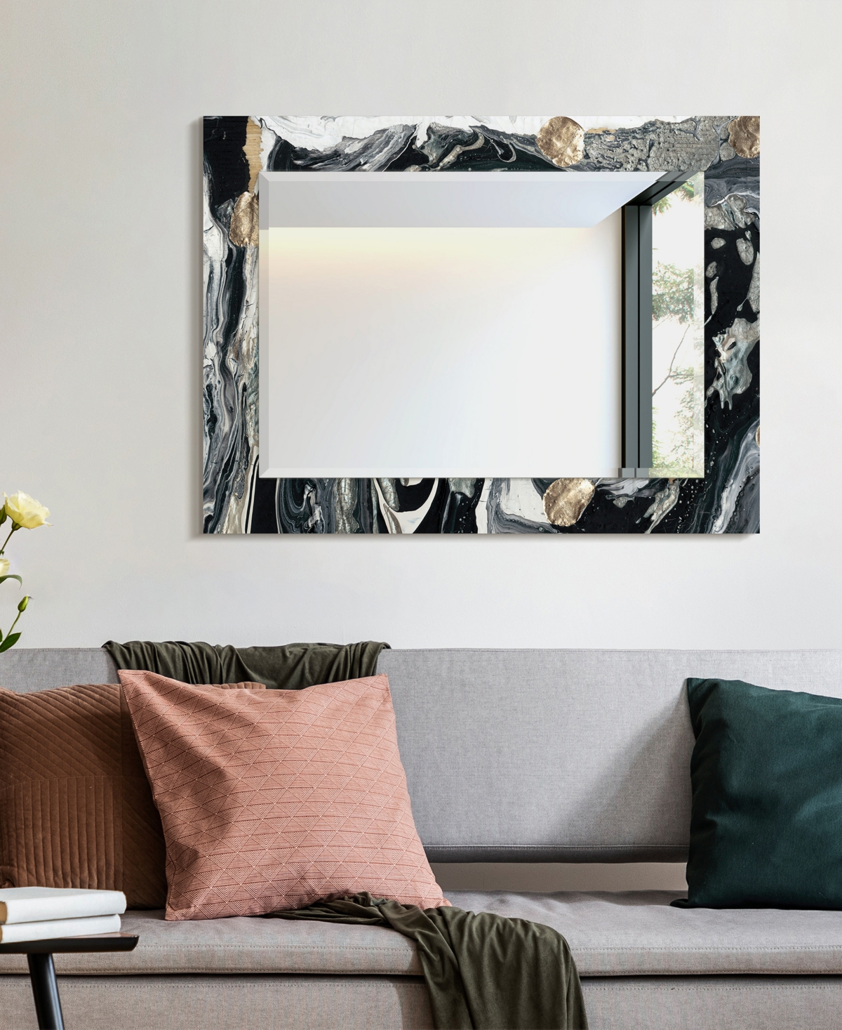 Empire Art Direct 'Ebony' Rectangular On Free Floating Printed Tempered Art Glass Beveled Mirror, - Gold-Tone