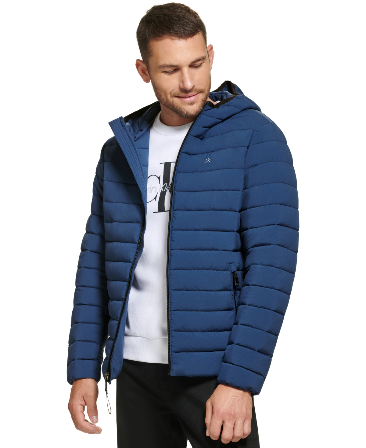 Calvin Klein Men's Hooded & Quilted Packable Jacket In Denim Blue