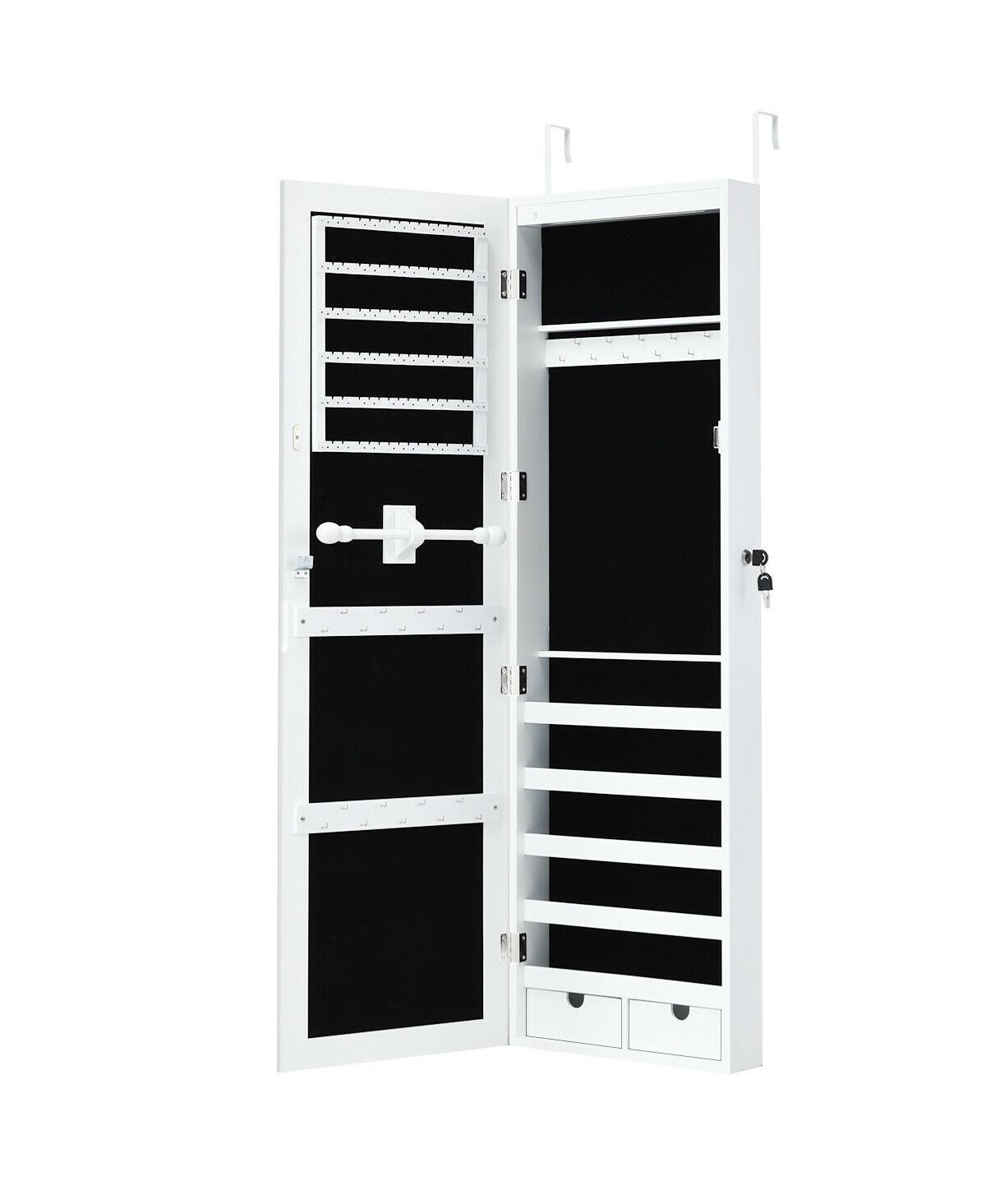 Wall Mounted Mirrored Jewelry Cabinet Organizer w/Led Lights - White