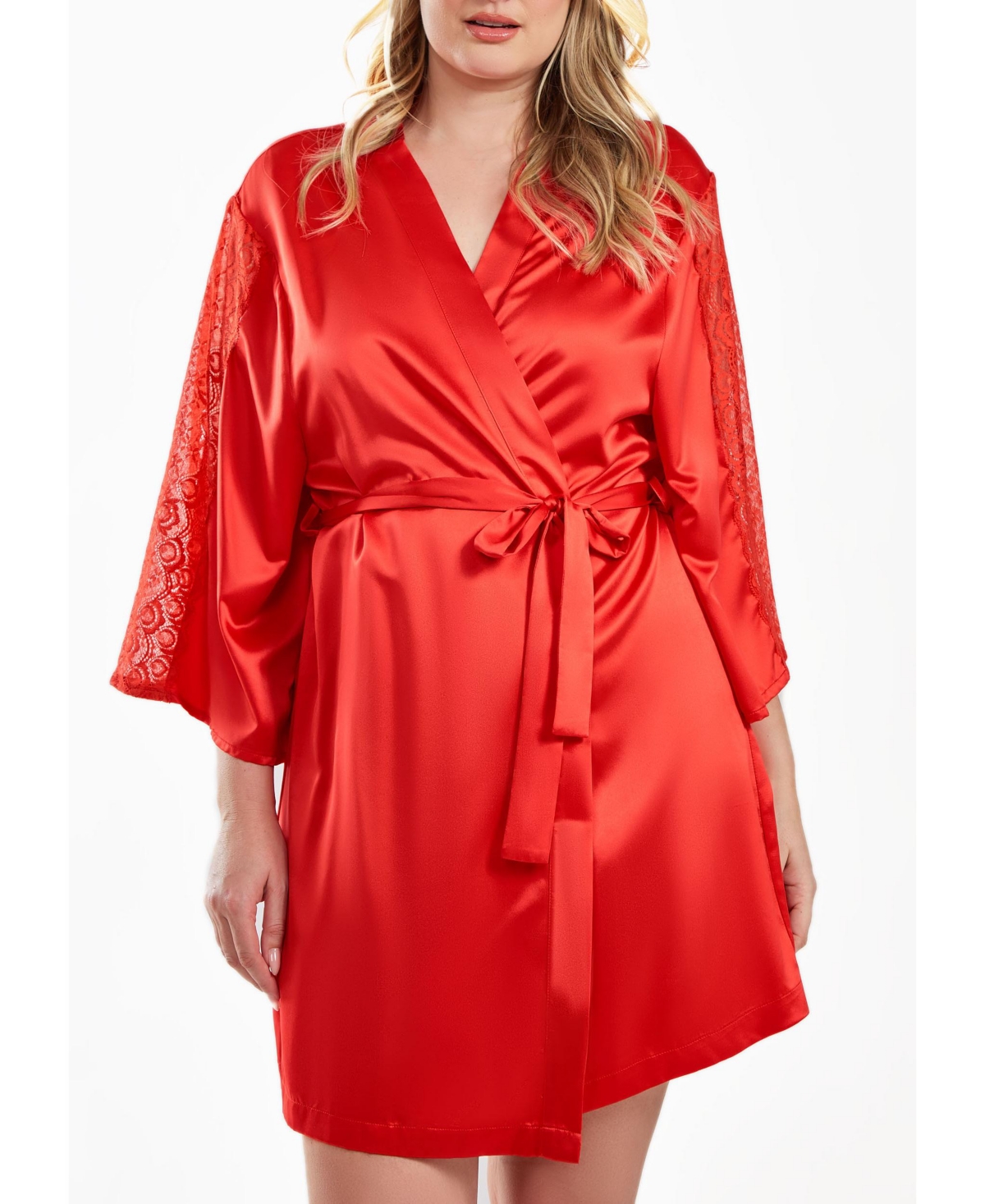 Shop Icollection Milena Satin And Lace Robe With Self Tie Sash In Red