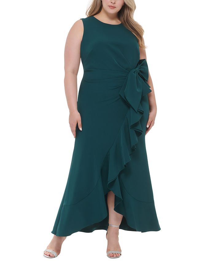 Eliza J Plus Size Side Ruffled Bow Laguna Crepe Sleeveless Gown