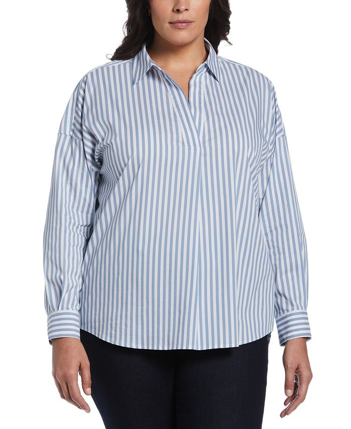 ELLA Rafaella Plus Size Stripe Poplin Popover Long Sleeve Blouse - Macy's