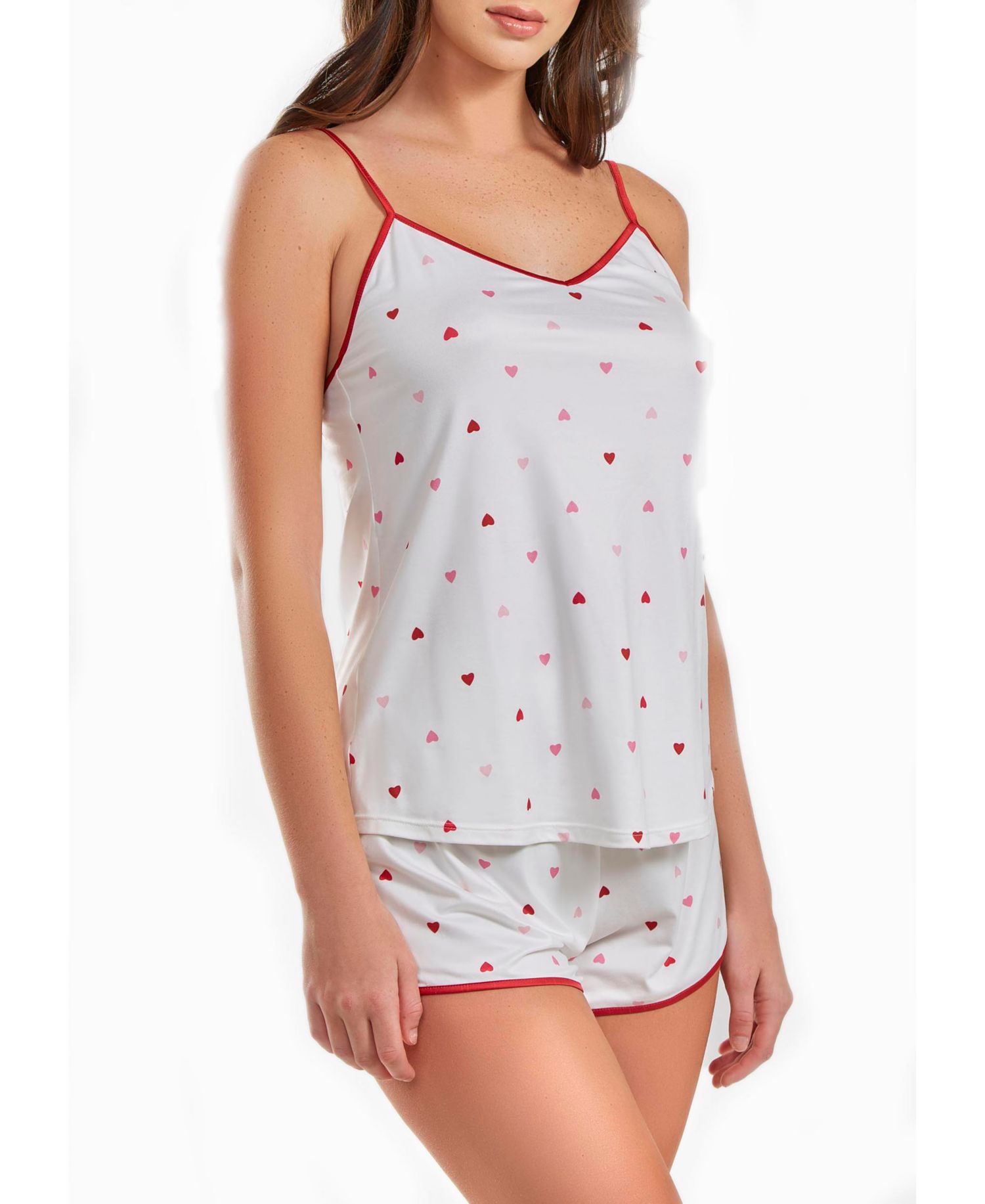 Women's Kyley Heart Printed Pajama Short Set Trimmed in Red