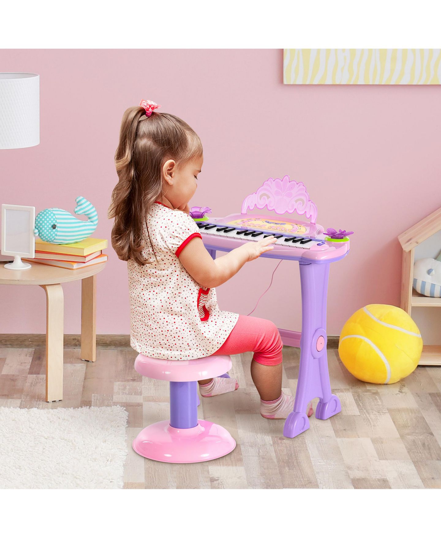 Детские игрушки Qaba Kids Piano Keyboard Drum Set with Sounds, Microphone, Stool — фото 3