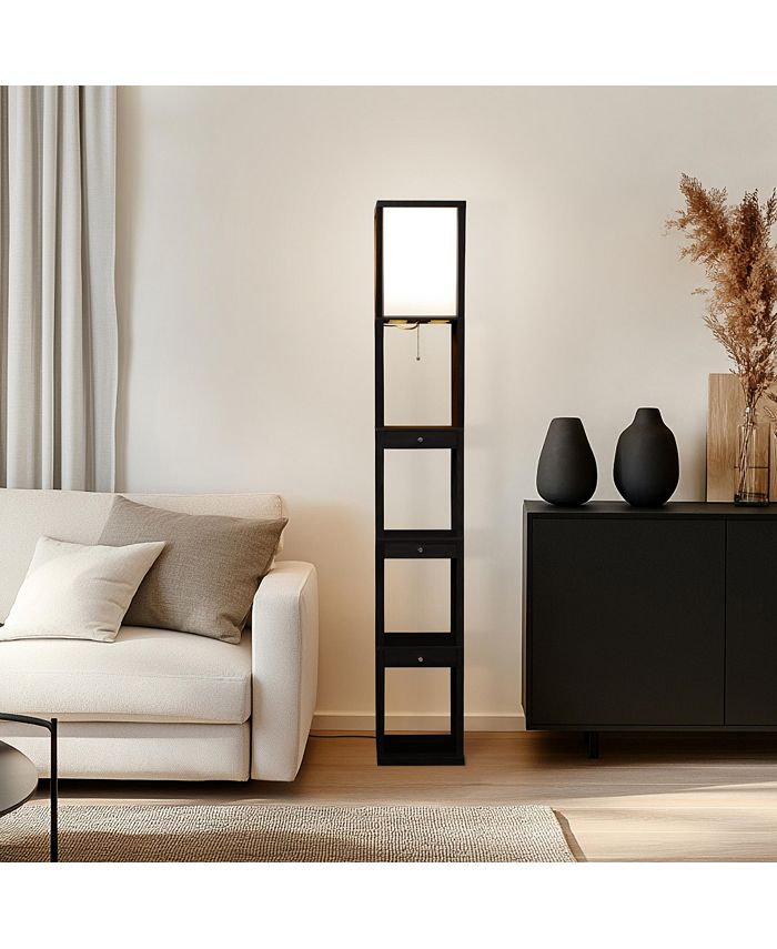 Brightech Maxwell Shelf & LED Floor Lamp with Lantern Shade and Drawers ...