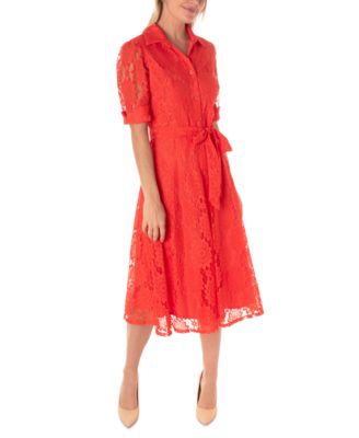 Maison Tara - Women's Short-Sleeve Belted Lace Shirtdress