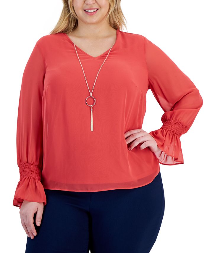 JM Collection Plus Size Smocked-Sleeve Necklace Top, Created for Macy's ...