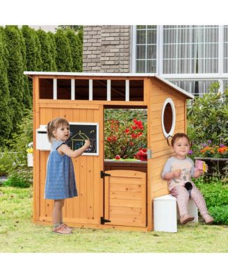 Kids Outdoor Wooden Playhouse Garden Cottage, w/ Door Bench Blackboard