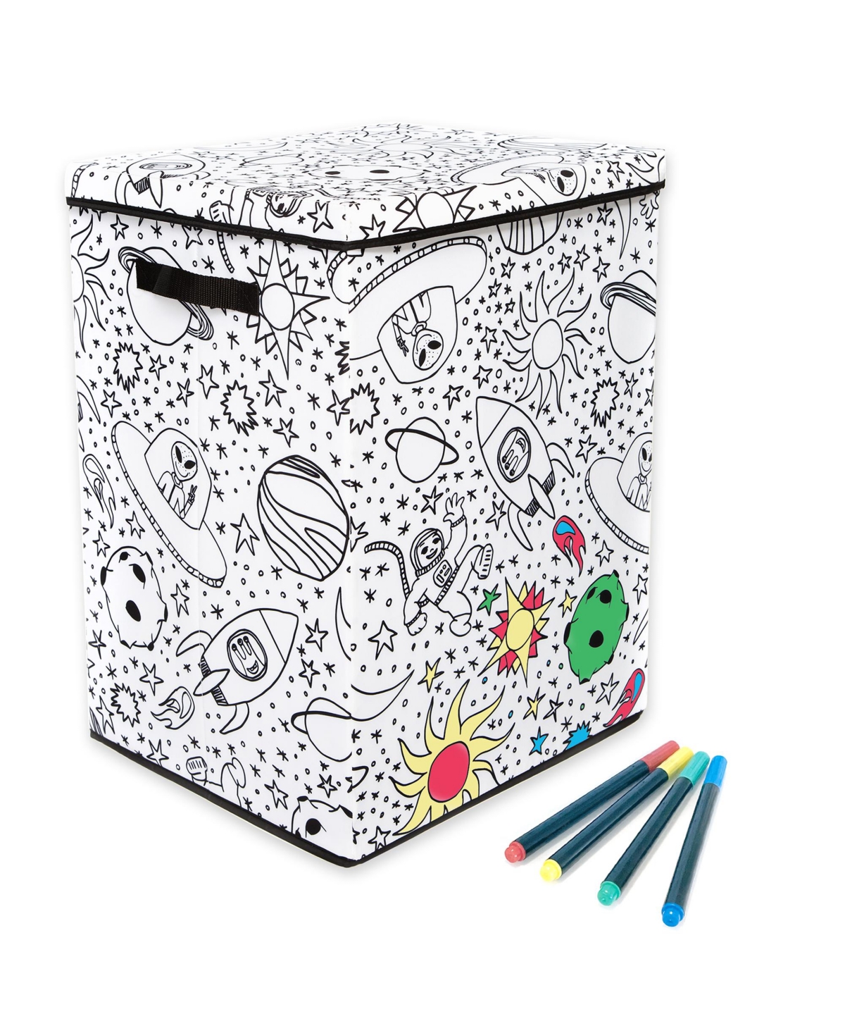 Kid's Coloring Space Print Hamper with Lid and 4 Washable Markers Set - Space Print