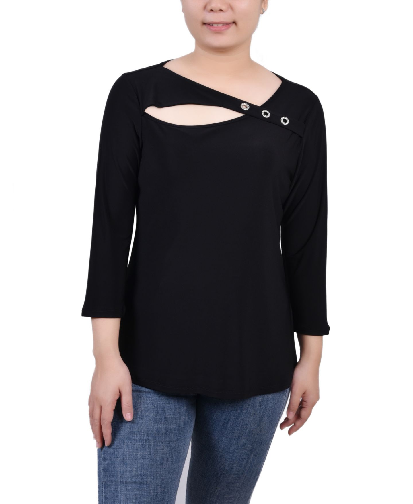 Женский топ NY Collection Petite 3/4 Sleeve Cutout, цвет: Чёрный — фото 1