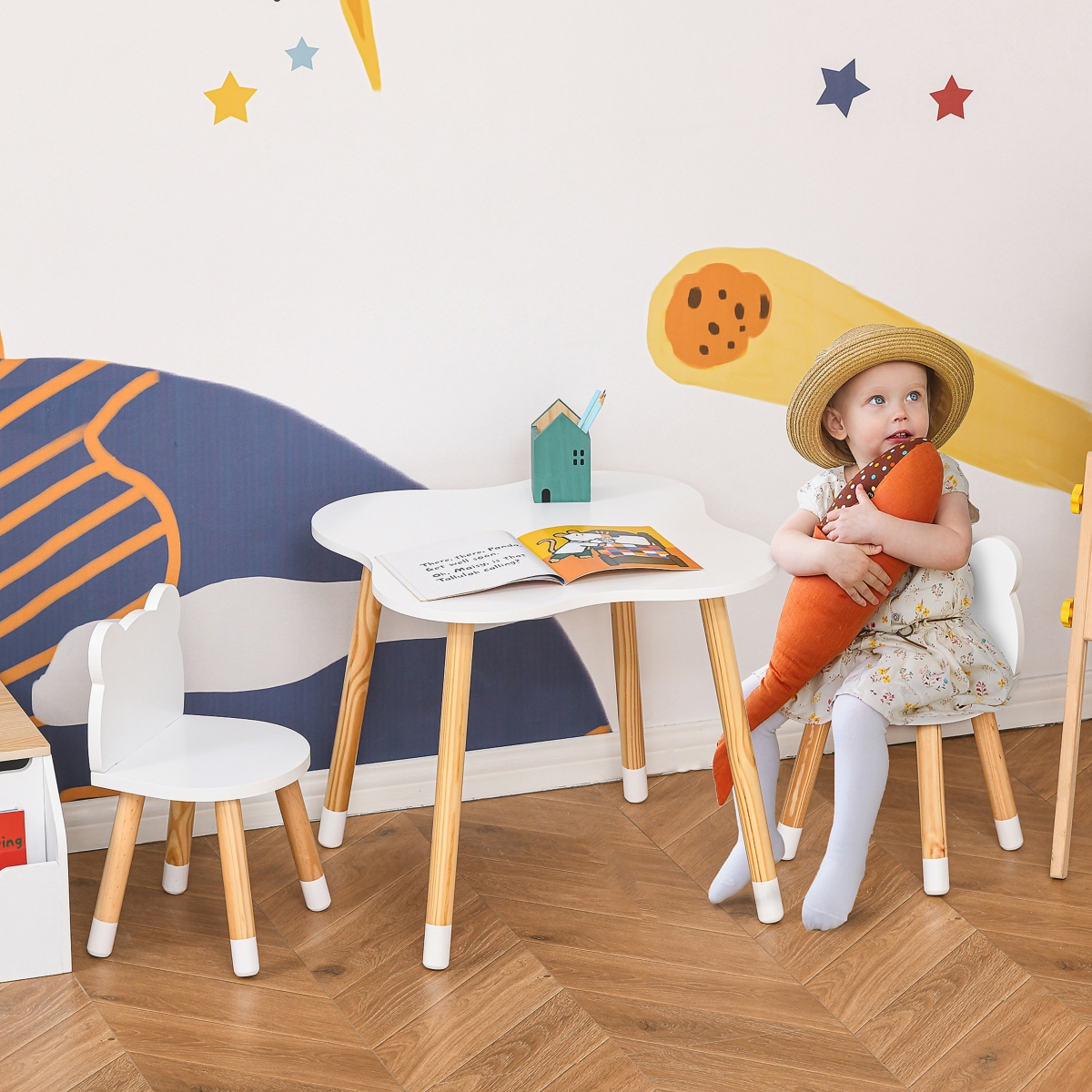 Qaba Kids Table and Chair Set for Arts, Meals, Wood,- White