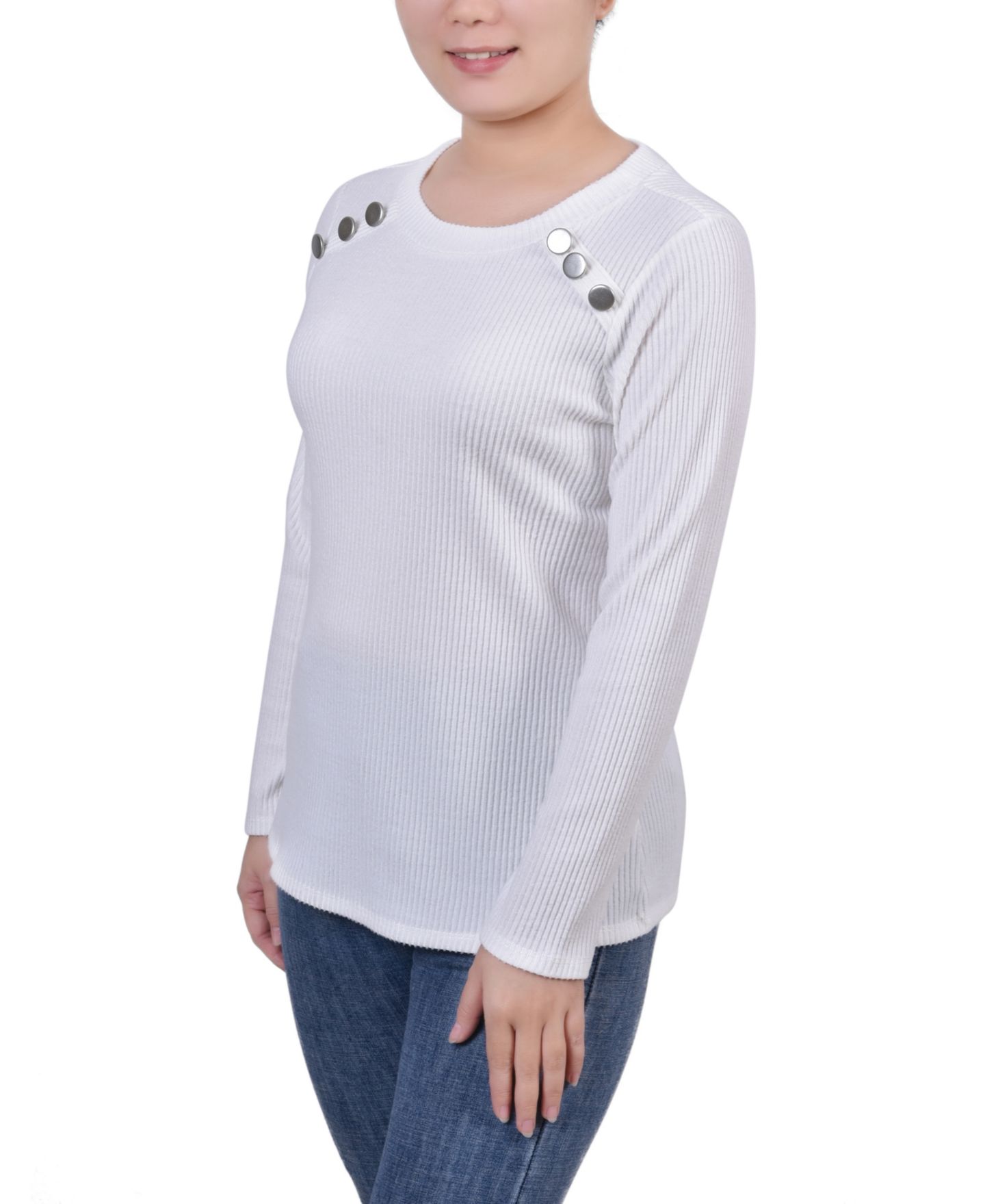 Женский топ NY Collection Petite Long Sleeve Ribbed Button Detail, цвет: Слоновая кость — фото 3