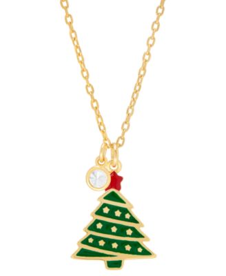 Macy's - Lab-grown White Sapphire & Enamel Christmas Tree & Bezel Pendant Necklace in 14k Gold-Plated Sterling Silver, 16" + 2" extender
