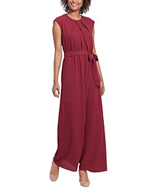 Women's Pleated-Neck Belted Jumpsuit