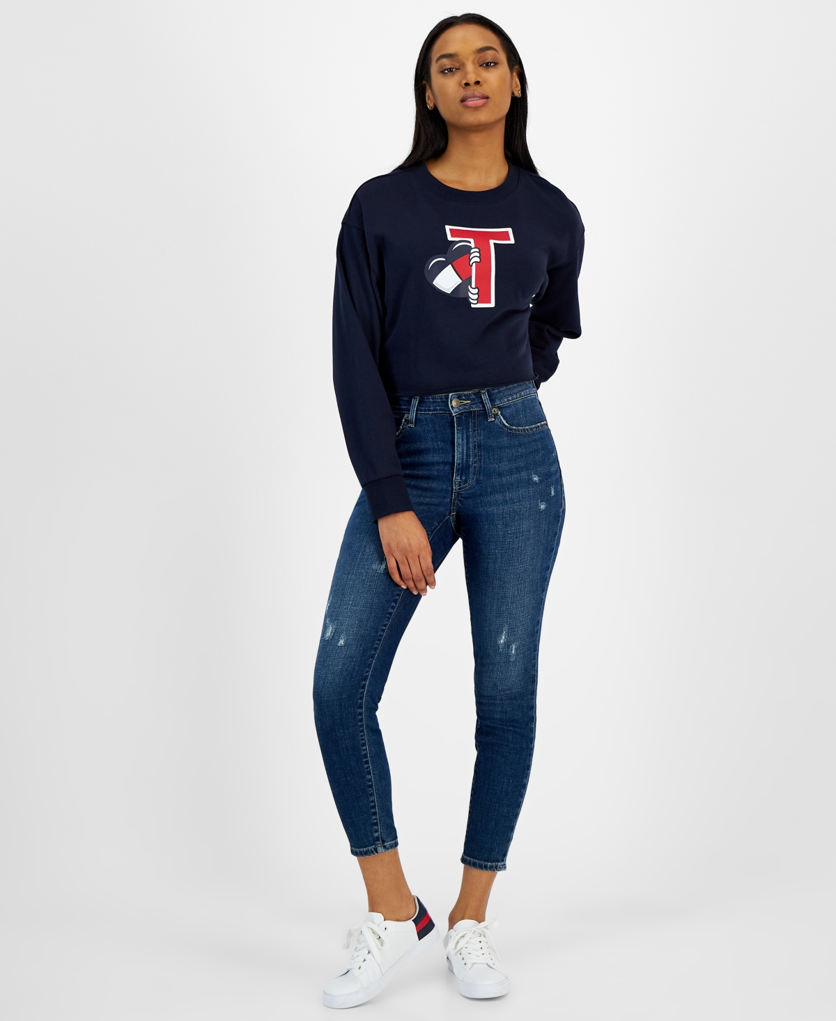  Tommy Jeans Women's Peeking Heart French Terry Cropped Sweatshirt