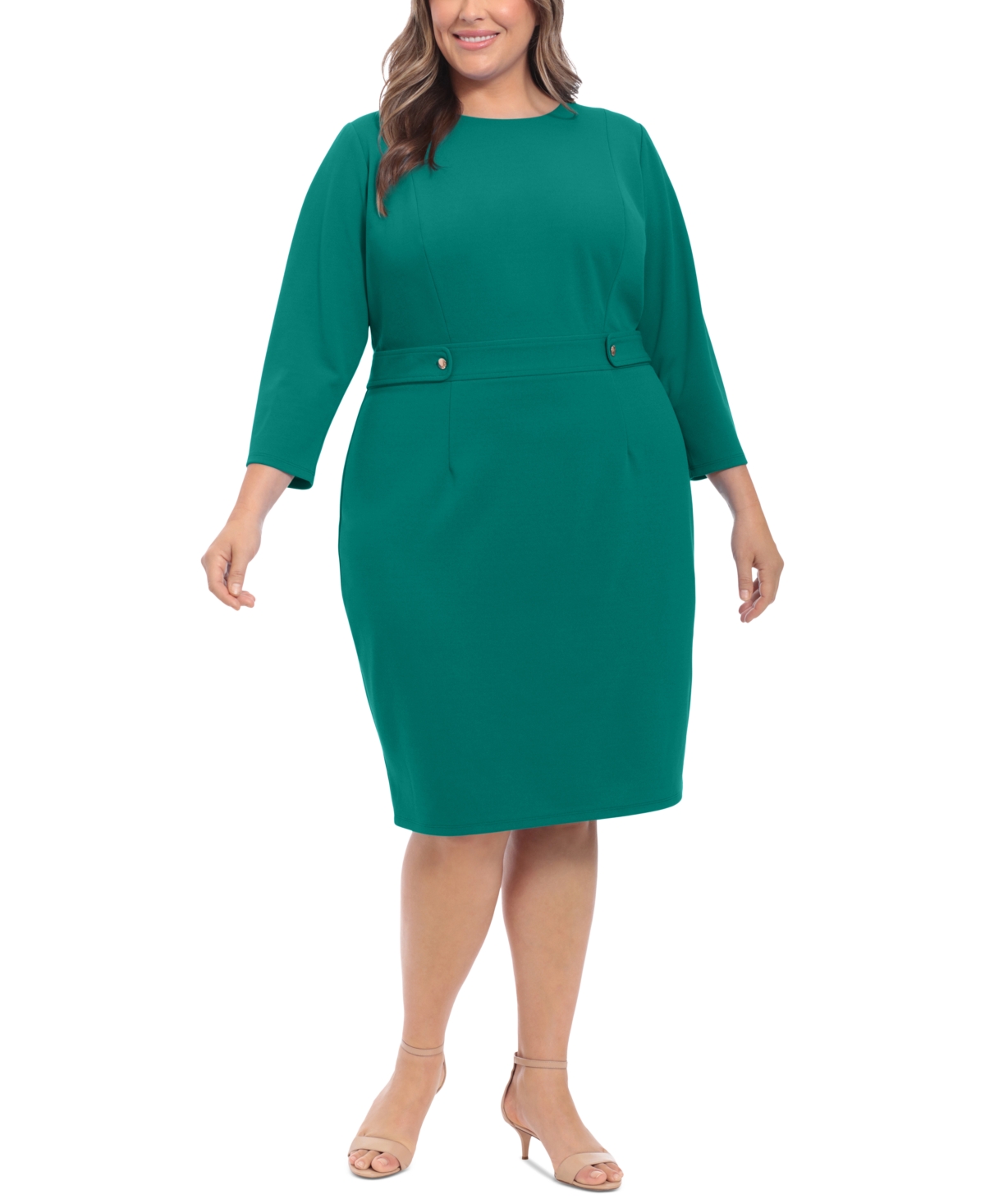 LONDON TIMES BUTTON WAIST 3/4 SLEEVE SHEATH DRESS 