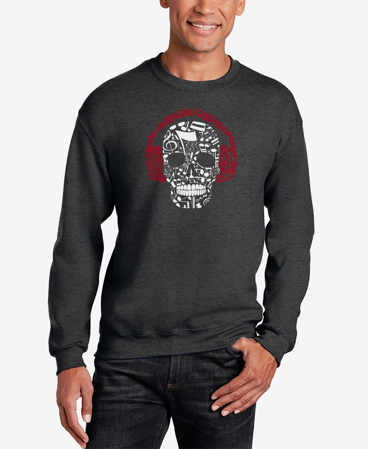 La Pop Art Men's Music Notes Skull Word Art Crew Neck Sweatshirt