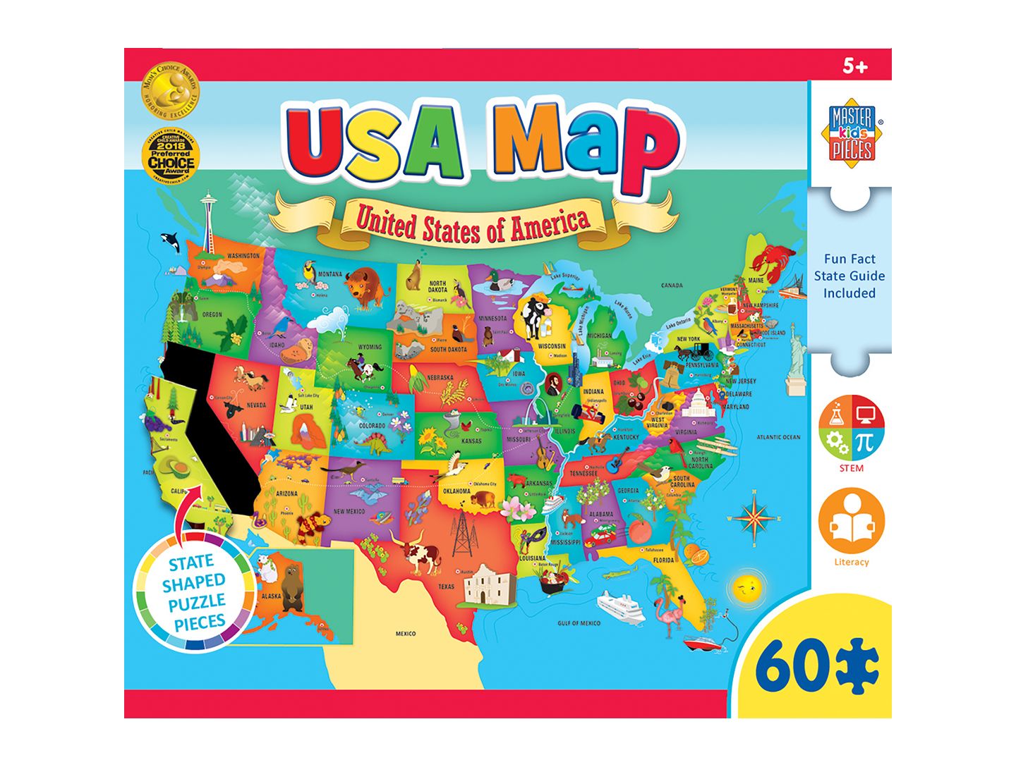 Детские игрушки MasterPieces Puzzles Explorers - USA Map with State Shaped pieces 60 Piece Kids Puzzle, цвет: Разноцветный — фото 1