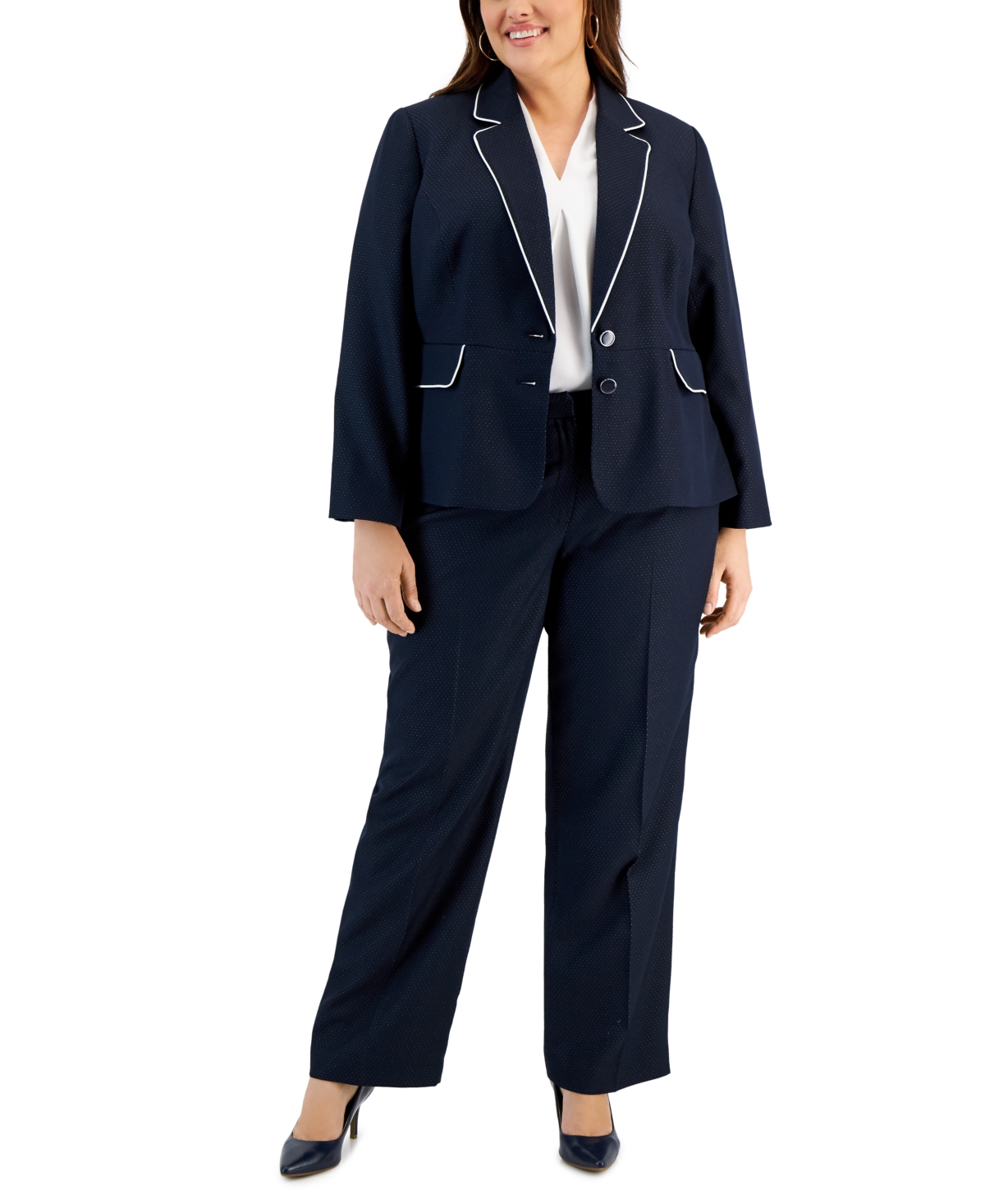 Le Suit Plus Size Contrast-Trimmed Notch Collar Pantsuit