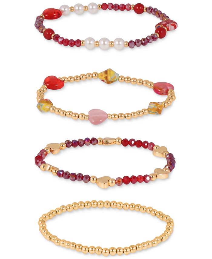 Macy's GoldTone 4Pc. Set Mixed Stone Bead & Heart Stretch Bracelets