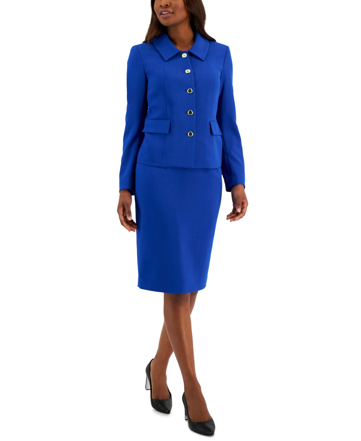 Le Suit Button-up Slim Skirt Suit, Regular And Petite Sizes In Blue