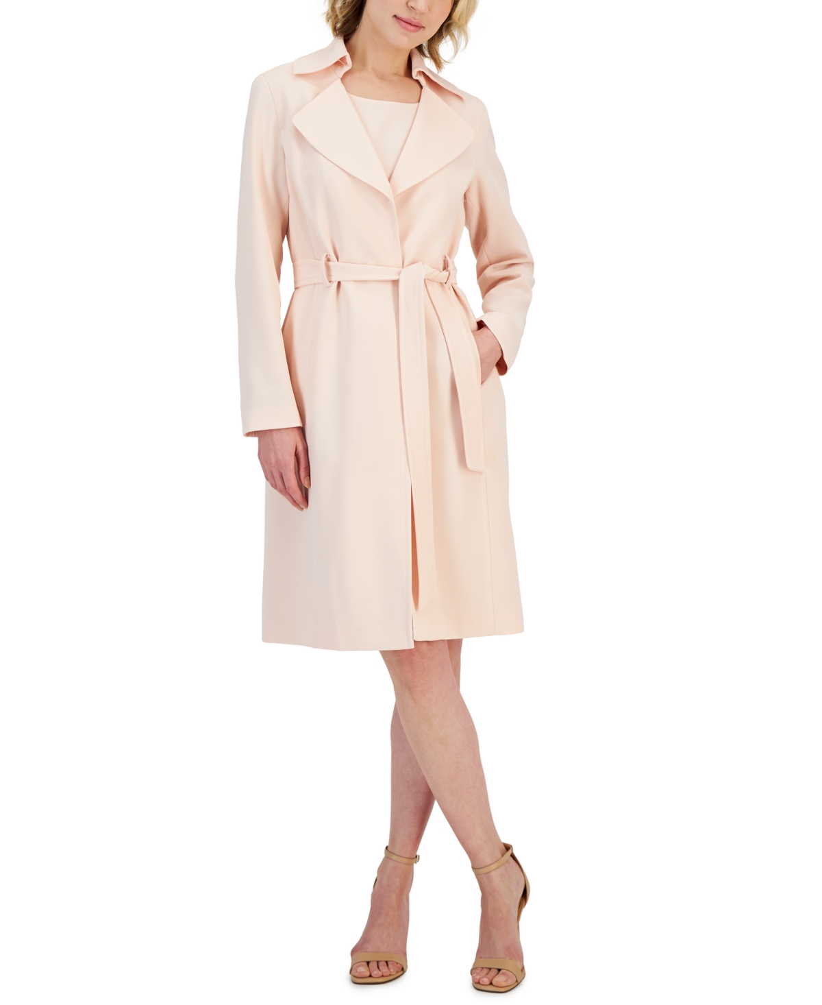 Women's Crepe Belted Trench Jacket & Sheath Dress Suit, Regular and Petite Sizes - Light Blossom