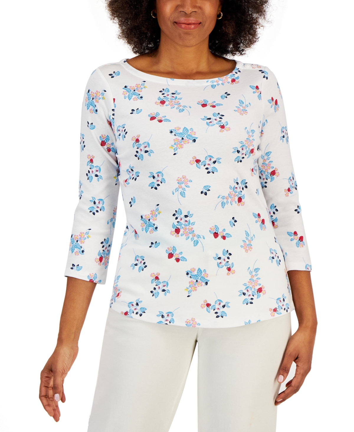 Charter Club Women's 3/4-Sleeve Strawberry Boat-Neck Top, Created for Macy's