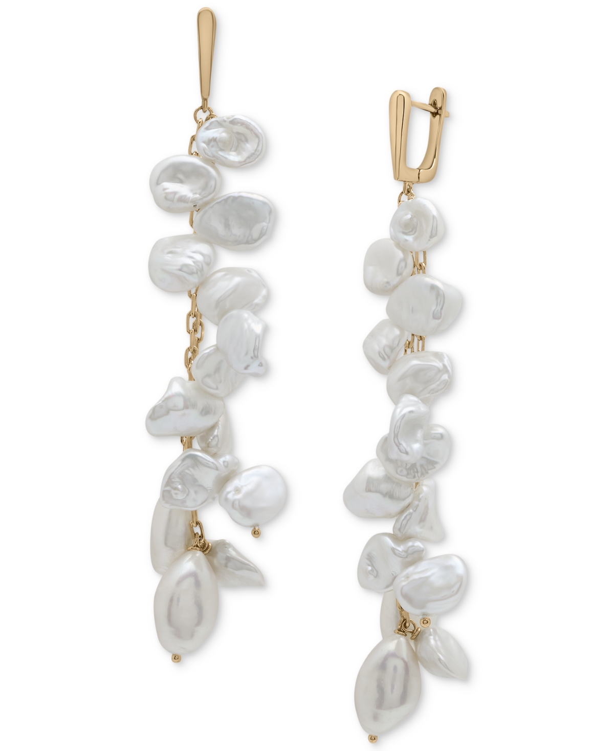 Macy's Cultured Freshwater Pearl (7 X 10mm, 12 X 20mm) Cluster Linear Drop Earrings In 14k Gold-plated Ster In Gold Over Sterling Silver