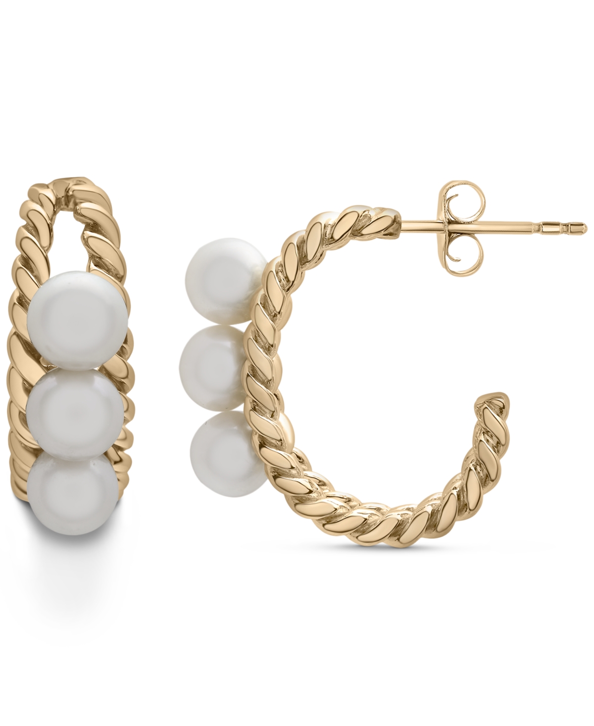 Macy's Cultured Freshwater Pearl (5mm) Twist Hoop Earrings In 14k Gold-plated Sterling Silver In Gold Over Sterling Silver