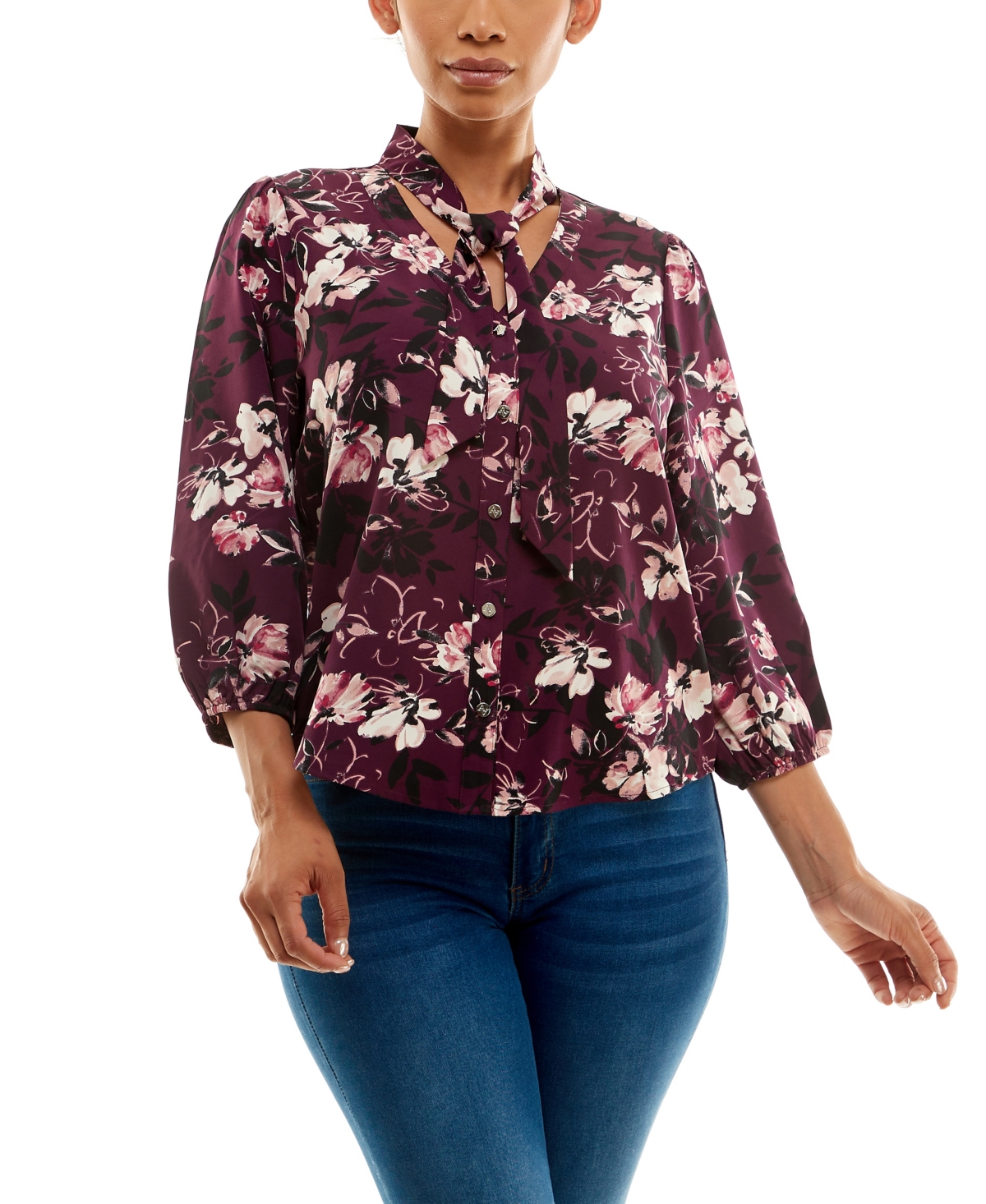 Adrienne Vittadini Women's 3/4 Puff Sleeve Tie Neck Faux Button Front Top In Watercolor Flower