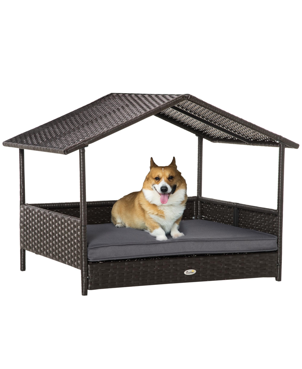 Elevated Wicker Dog House, Raised Rattan Pet Bed Cabana Canopy, Grey - Grey