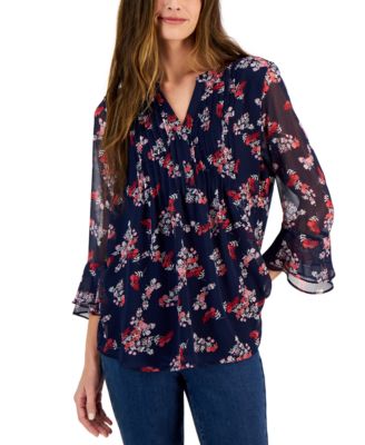 Charter Club Women's Floral Print V Neck Top Pink Size Petite XL