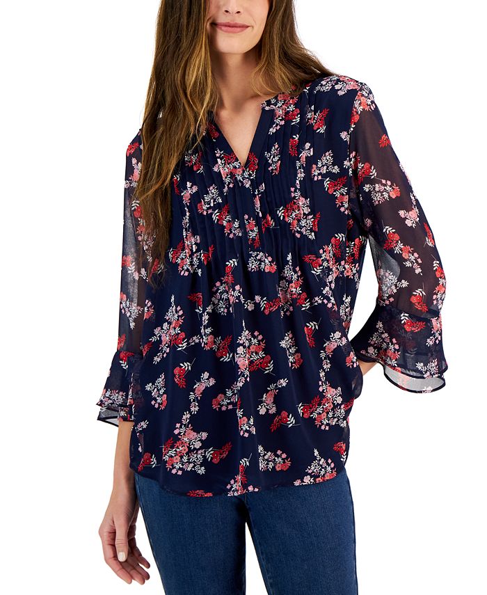Charter Club Petite 3/4-Sleeve Stella Floral Pin-Tuck Top, Created for ...