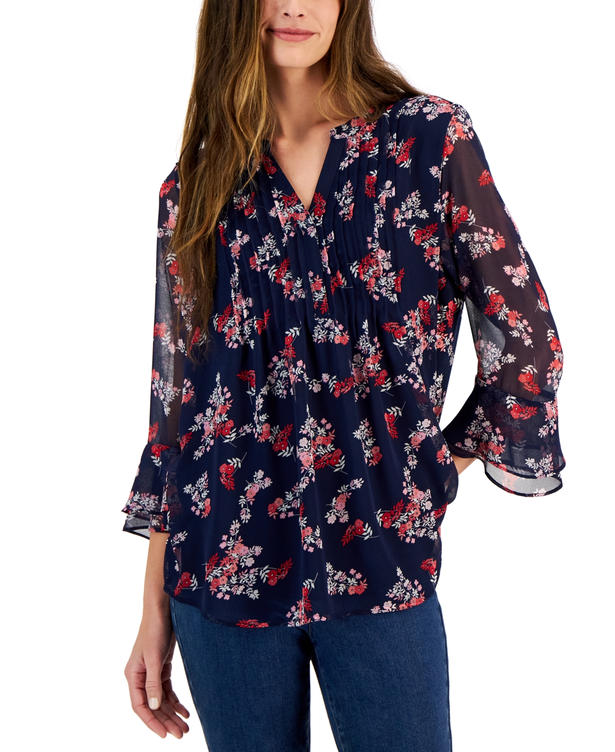 Charter Club Women's 3/4-Sleeve Floral Pintuck Top, Created for Macy's