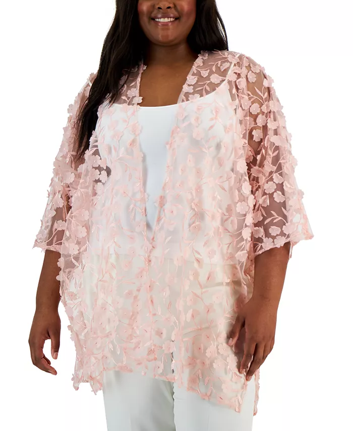 Anne Klein - Plus Size Oversized Floral-Applique Side-Slit Sheer Cardigan Top