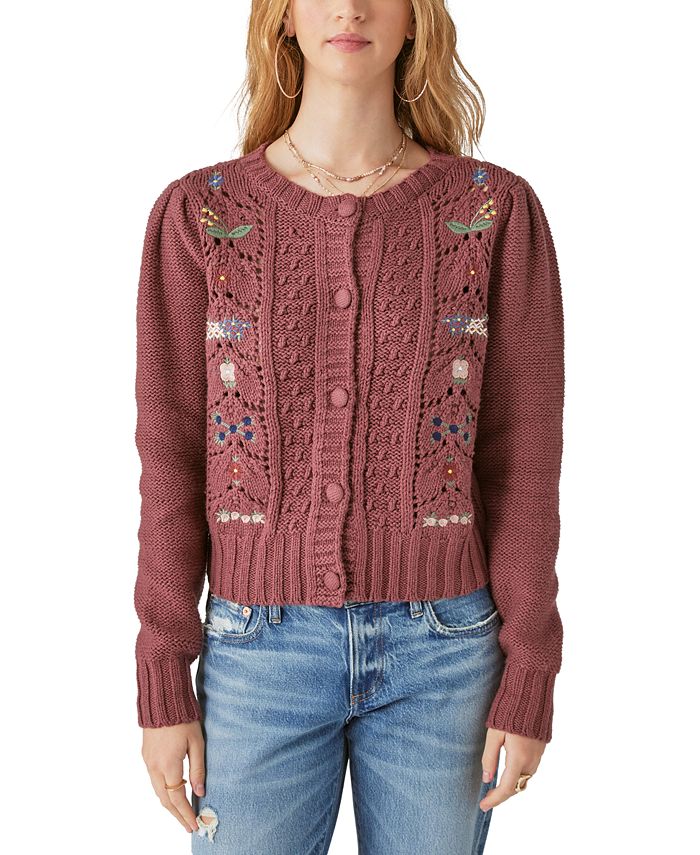 Lucky Brand Women's Mixed-Knit Embroidered Cardigan Sweater - Macy's