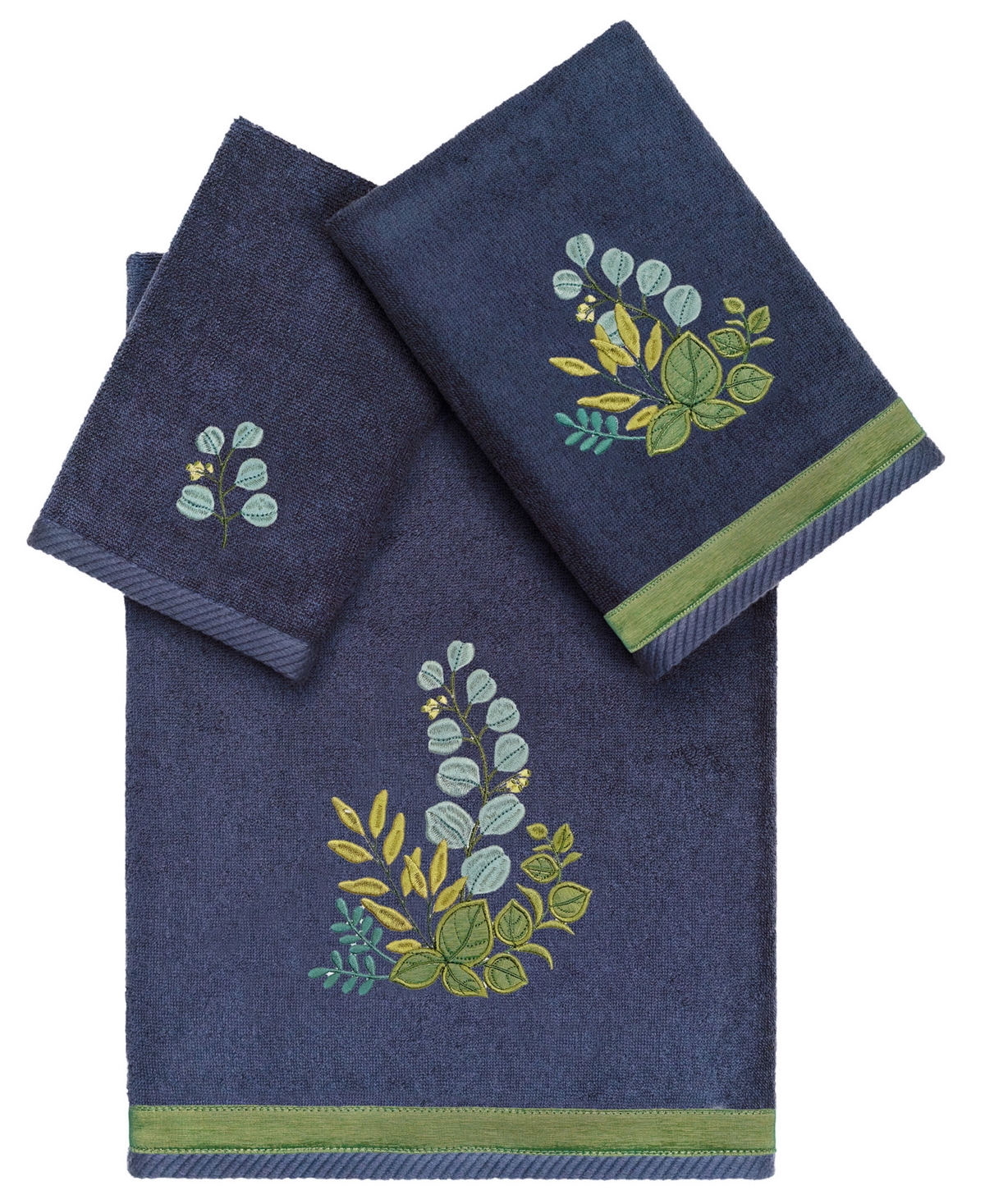 Linum Home Textiles Turkish Cotton Botanica Embellished Towel Set, 3 Piece In Marine