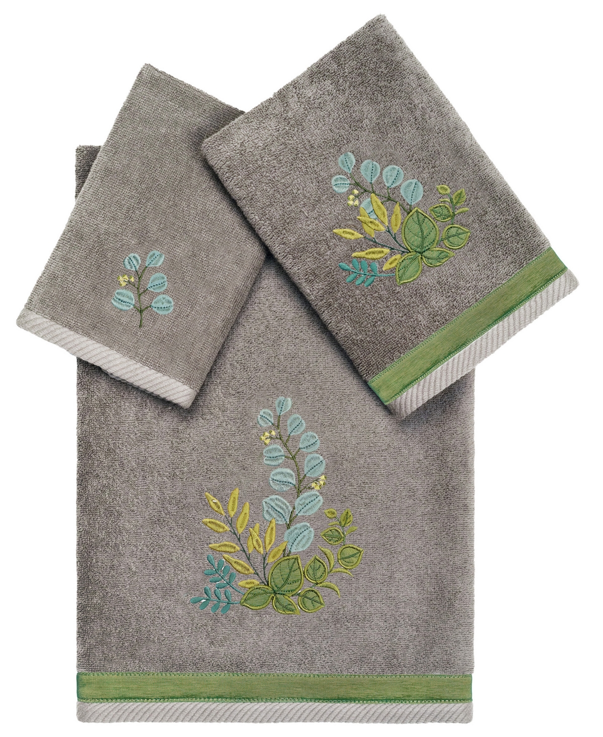 Linum Home Textiles Turkish Cotton Botanica Embellished Towel Set, 3 Piece Bedding In Charcoal