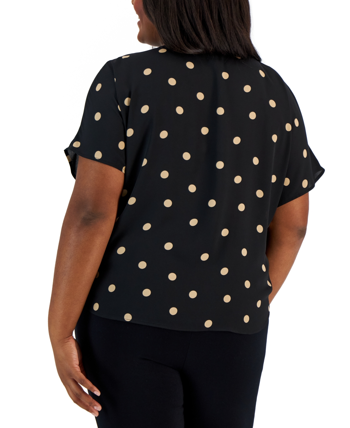 Anne Klein Plus Size Dot-Print Bateau-Neck Short-Sleeve Blouse -latte