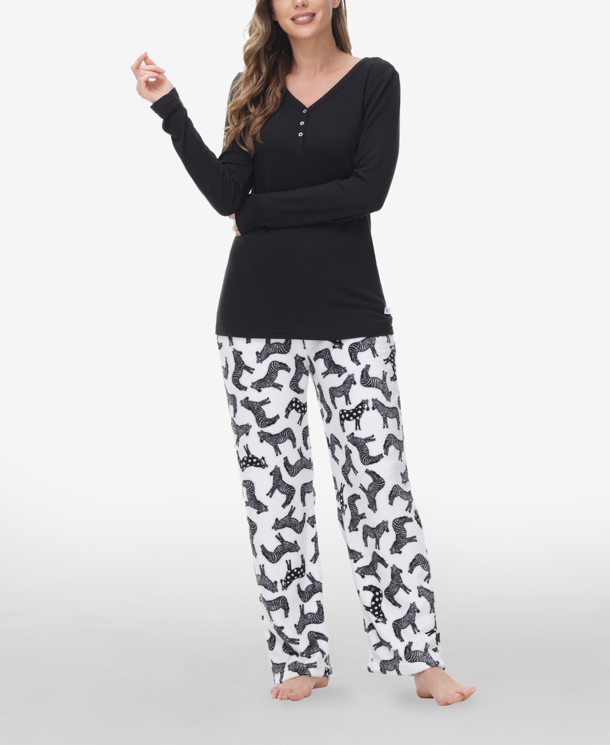 Women's Henley Top with Microlight Lounge Pant Set, 2 Piece - Dots