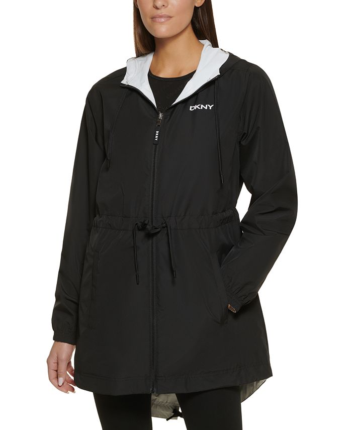 DKNY Sport Women's Asymmetrical Hooded Scuba Jacket XL Black Logo on hood