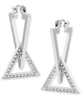 GUESS Silver-Tone Pavé Triangle Charm Interlocking Hoop Earrings - Macy's