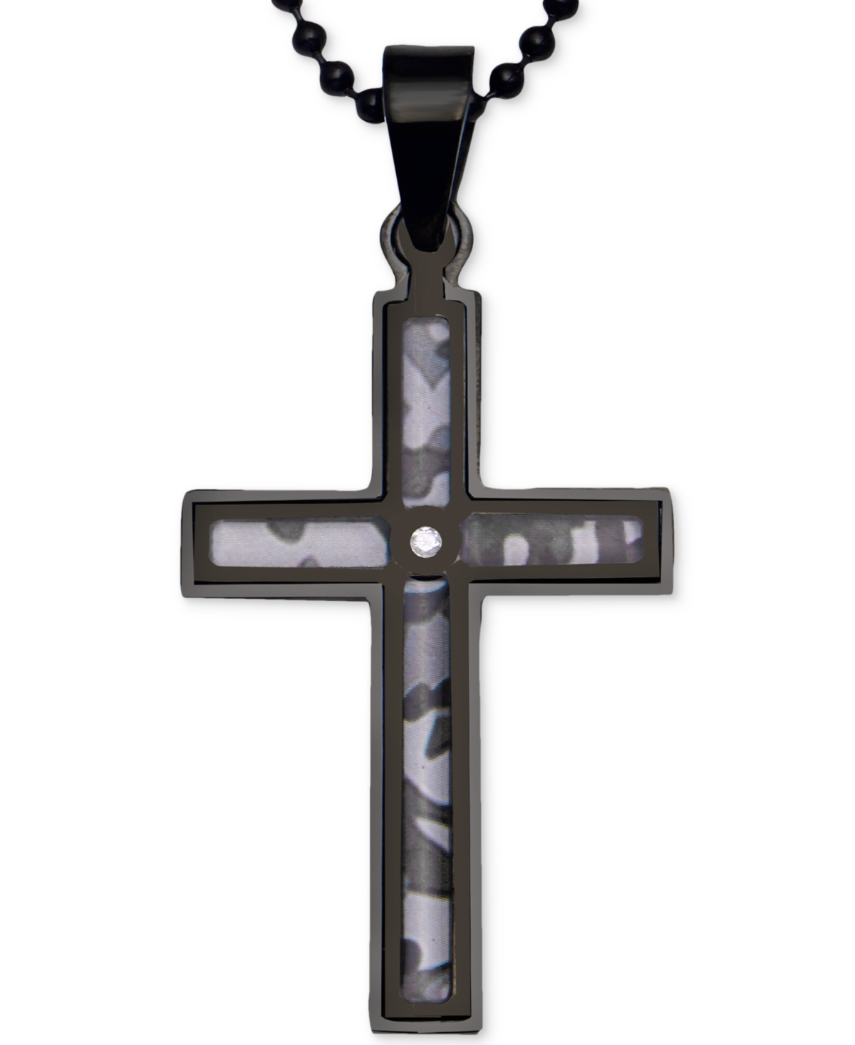 Macy's Men's Diamond Accent Camo Carbon Fiber 24" Cross Pendant Necklace In Black Ion-plated Stainless Stee