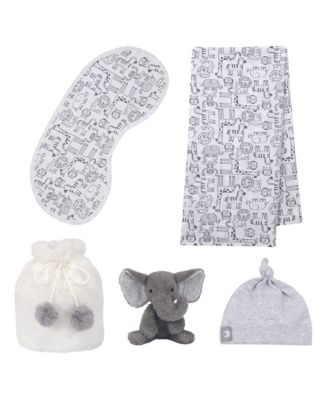 Baby 5 Piece Gray/White Plush Infant/Newborn Gift Bag w/ Swaddle