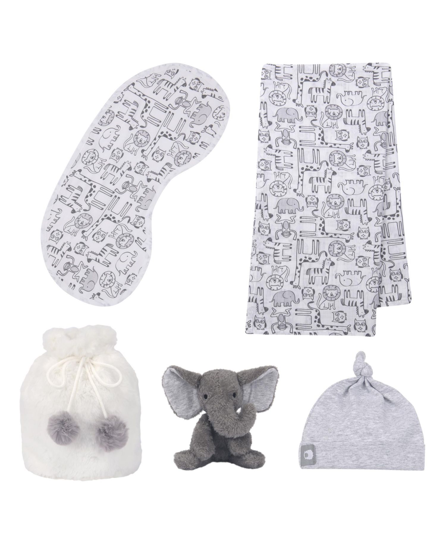 Lambs and Ivy 5 Piece Gray/White Plush Infant/Newborn Baby Gift Bag w/ Swaddle