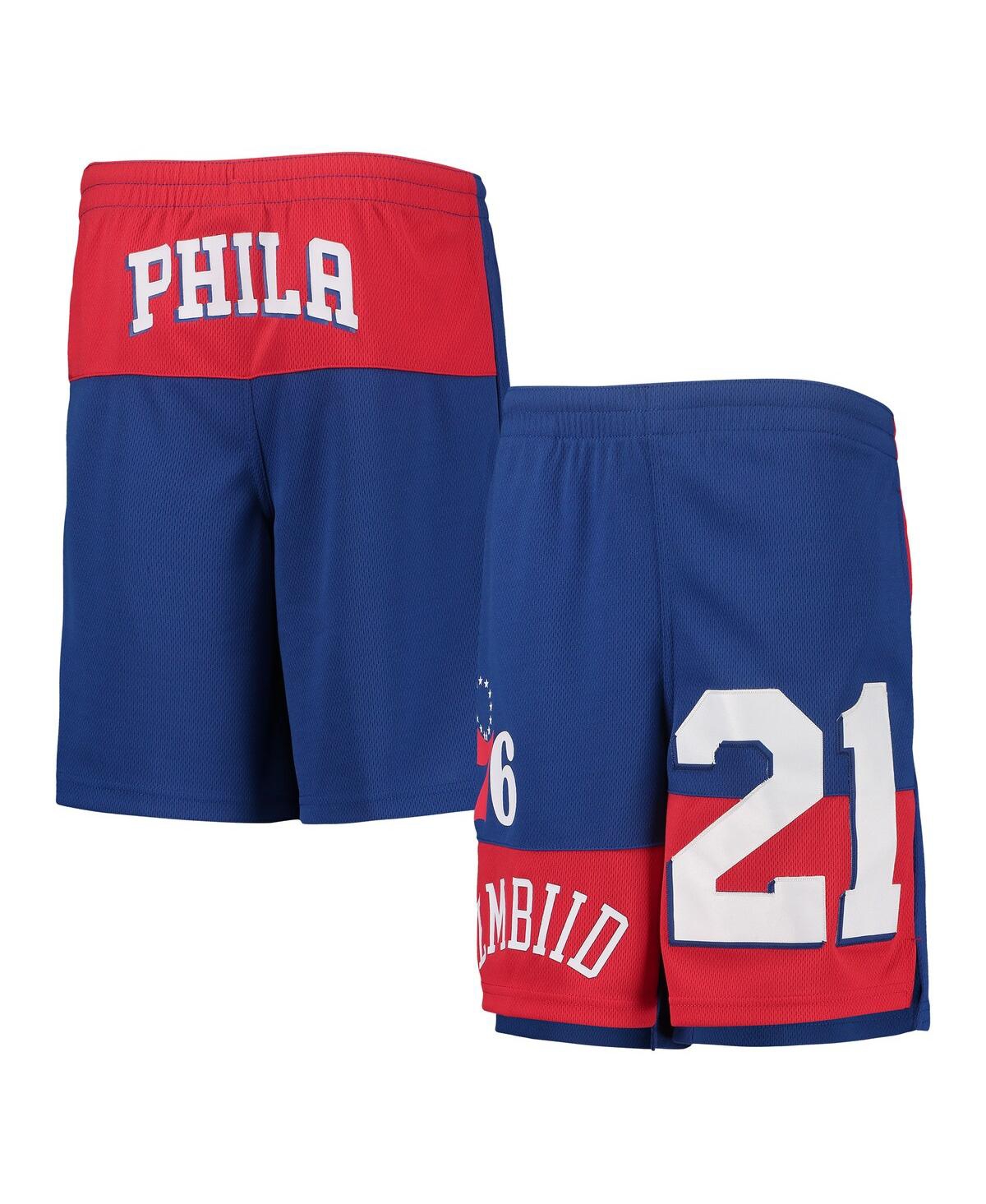 OUTERSTUFF BIG BOYS AND GIRLS JOEL EMBIID ROYAL PHILADELPHIA 76ERS PANDEMONIUM NAME AND NUMBER SHORTS 